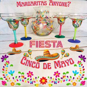 Smithereens Cinco de Mayo Hand Painted Margarita Pitcher & 4 Margarita Glasses